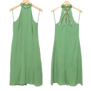 Vintage Green Silk Bias Cut Midi Dress Halter Beaded Shell Chain Back Size 6 Y2K